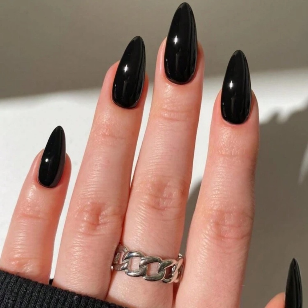 24pcs Long Almond Black Fake Nail Set,Fit Perfectly& Medium Length Design